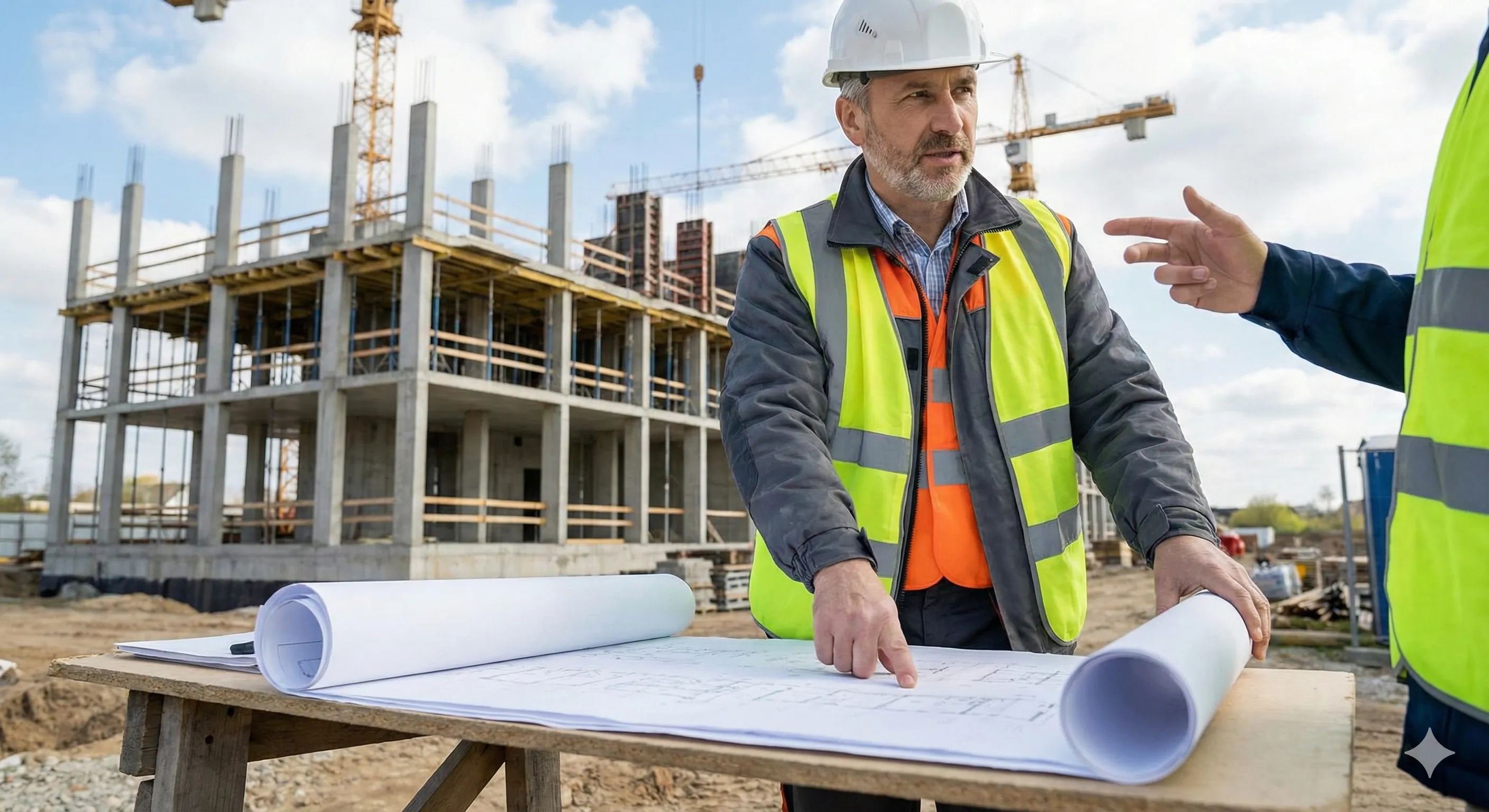 Ingeniero revisando planos en obra